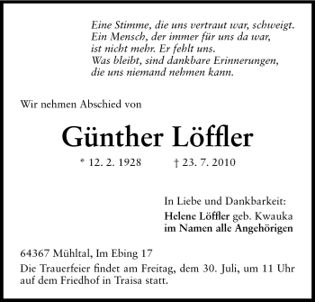 Traueranzeige von Günther Löffler von Darmstädter Echo, Odenwälder Echo, Rüsselsheimer Echo, Groß-Gerauer-Echo, Ried Echo