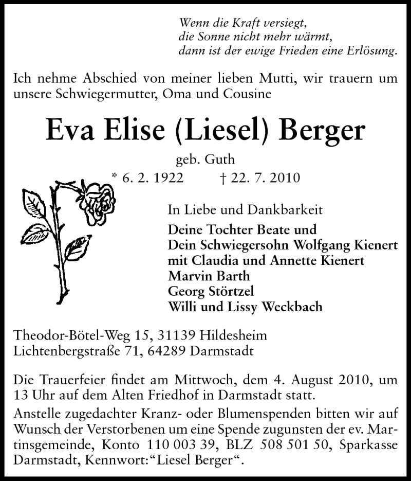  Traueranzeige für Eva Elise (Liesel) Berger vom 28.07.2010 aus Darmstädter Echo, Odenwälder Echo, Rüsselsheimer Echo, Groß-Gerauer-Echo, Ried Echo