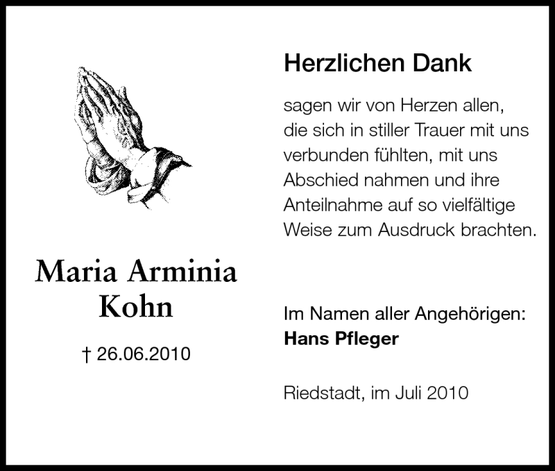  Traueranzeige für Maria Arminia Kohn vom 28.07.2010 aus Rüsselsheimer Echo, Groß-Gerauer-Echo, Ried Echo