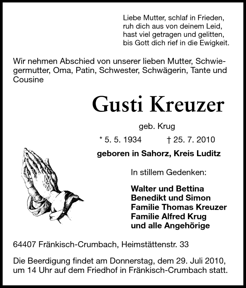  Traueranzeige für Gusti Kreuzer vom 28.07.2010 aus Echo-Zeitungen (Gesamtausgabe)