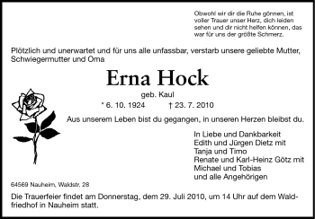 Traueranzeige von Erna Hock von Rüsselsheimer Echo, Groß-Gerauer-Echo, Ried Echo