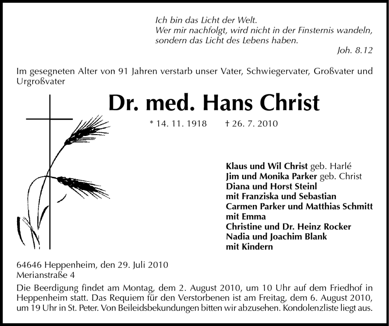  Traueranzeige für Hans Christ vom 29.07.2010 aus Starkenburger Echo, Bergsträßer Anzeiger