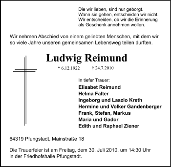 Traueranzeige von Ludwig Reimund von Echo-Zeitungen (Gesamtausgabe)