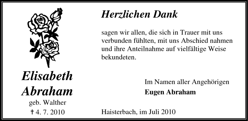  Traueranzeige für Elisabeth Abraham vom 31.07.2010 aus Odenwälder Echo