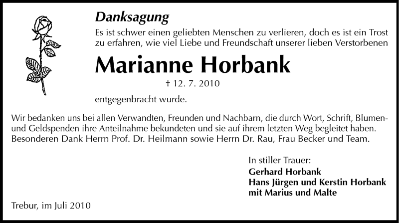  Traueranzeige für Marianne Horbank vom 29.07.2010 aus Rüsselsheimer Echo, Groß-Gerauer-Echo, Ried Echo
