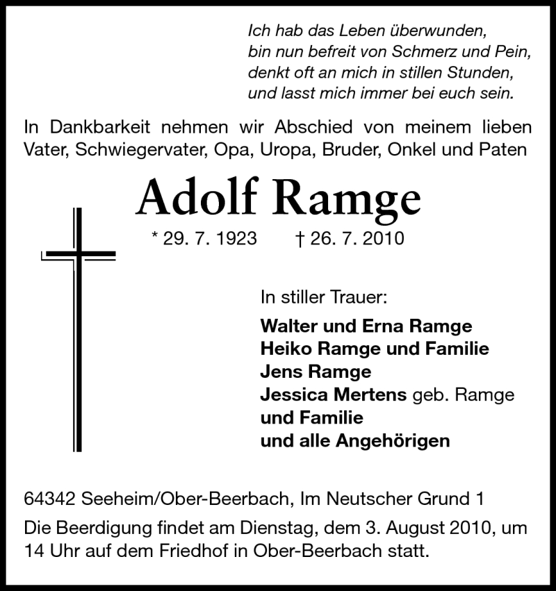  Traueranzeige für Adolf Ramge vom 28.07.2010 aus Echo-Zeitungen (Gesamtausgabe)