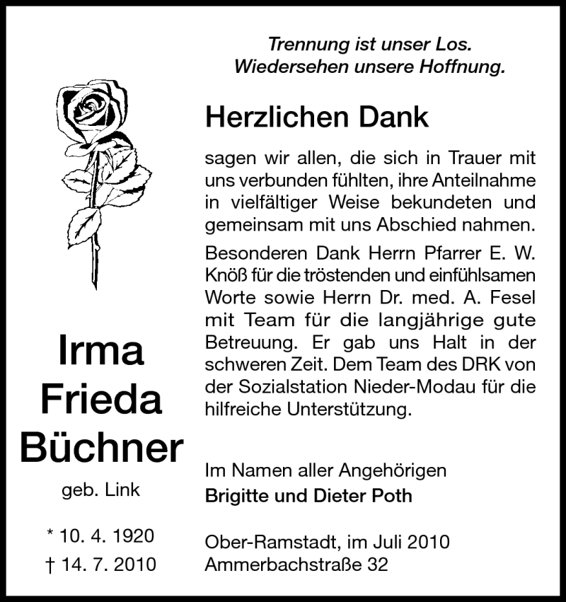  Traueranzeige für Irma Frieda Büchner vom 31.07.2010 aus Darmstädter Echo, Odenwälder Echo, Rüsselsheimer Echo, Groß-Gerauer-Echo, Ried Echo