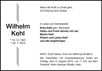 Traueranzeige von Wilhelm Kehl von Rüsselsheimer Echo, Groß-Gerauer-Echo, Ried Echo