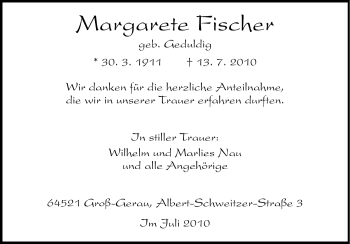 Traueranzeige von Margarete Fischer von Rüsselsheimer Echo, Groß-Gerauer-Echo, Ried Echo