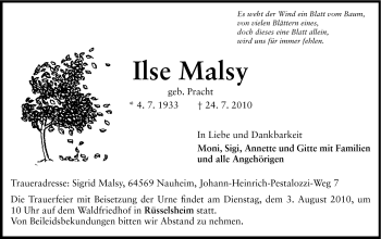 Traueranzeige von Ilse Malsy von Rüsselsheimer Echo, Groß-Gerauer-Echo, Ried Echo