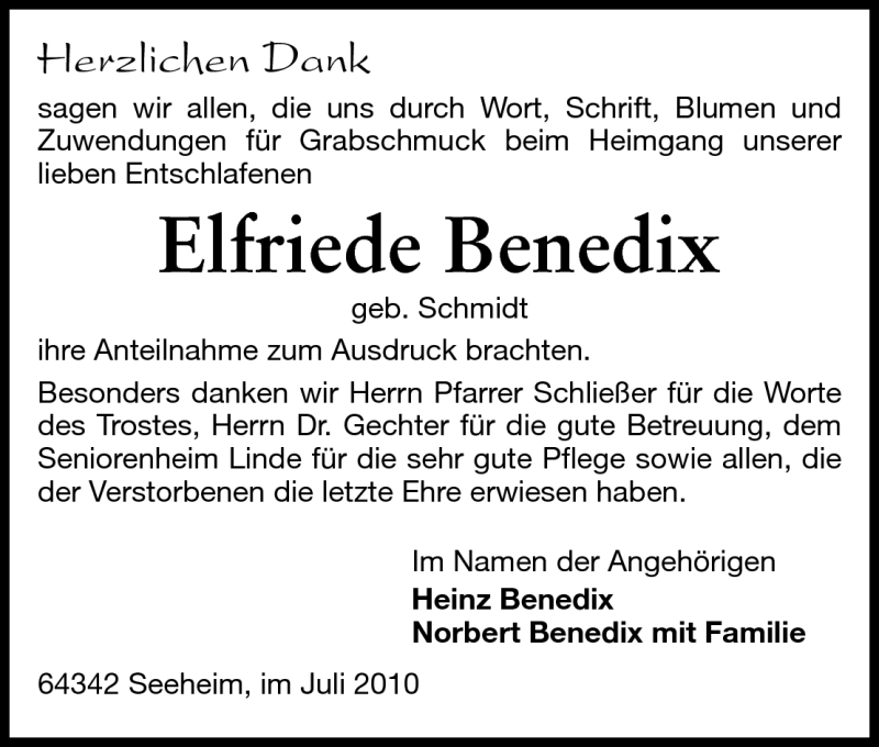  Traueranzeige für Elfriede Benedix vom 31.07.2010 aus Echo-Zeitungen (Gesamtausgabe)