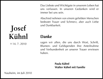 Traueranzeige von Josef Kühnl von Rüsselsheimer Echo, Groß-Gerauer-Echo, Ried Echo