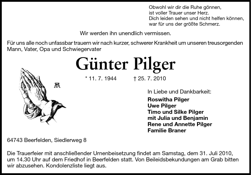  Traueranzeige für Günter Pilger vom 29.07.2010 aus Odenwälder Echo