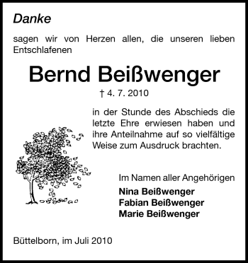 Traueranzeige von Bernd Beißwenger von Rüsselsheimer Echo, Groß-Gerauer-Echo, Ried Echo