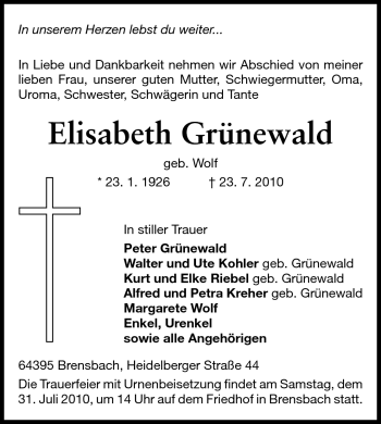 Traueranzeige von Elisabeth Grünewald von Echo-Zeitungen (Gesamtausgabe)