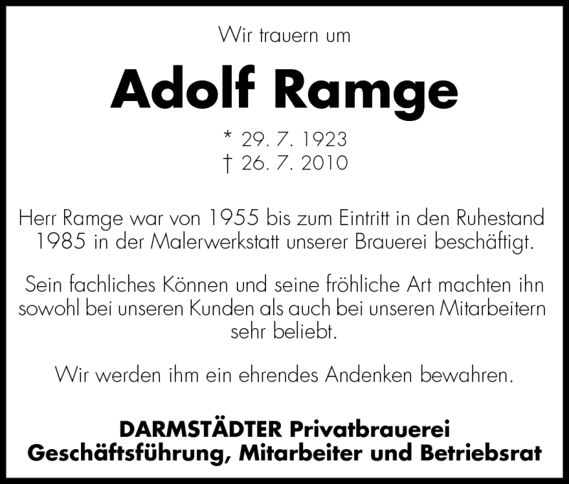  Traueranzeige für Adolf Ramge vom 30.07.2010 aus Echo-Zeitungen (Gesamtausgabe)