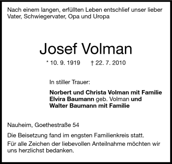 Traueranzeige von Volmann Josef von Rüsselsheimer Echo, Groß-Gerauer-Echo, Ried Echo