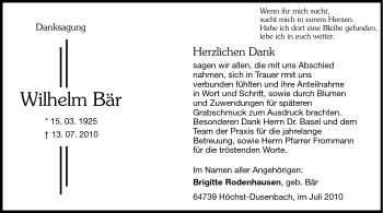 Traueranzeige von Wilhelm Bär von Odenwälder Echo