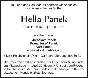 Traueranzeige von Hella Panek von Odenwälder Echo