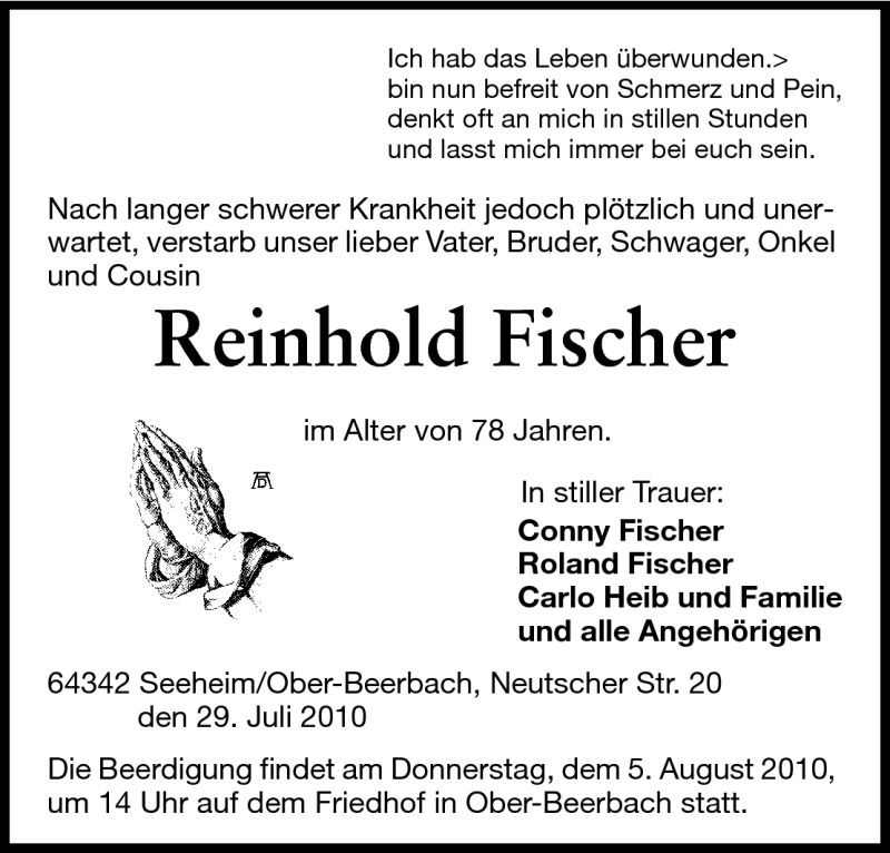  Traueranzeige für Reinhold Fischer vom 02.08.2010 aus Echo-Zeitungen (Gesamtausgabe)