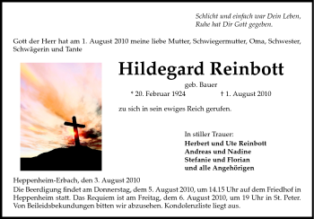 Traueranzeige von Hildegard Reinbott von Starkenburger Echo