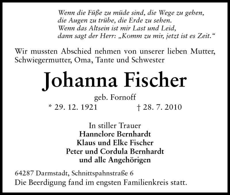  Traueranzeige für Johanna Fischer vom 07.08.2010 aus Darmstädter Echo, Odenwälder Echo, Rüsselsheimer Echo, Groß-Gerauer-Echo, Ried Echo