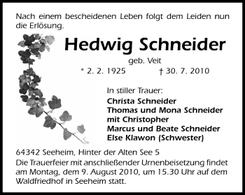 Traueranzeige von Hedwig Schneider von Echo-Zeitungen (Gesamtausgabe)