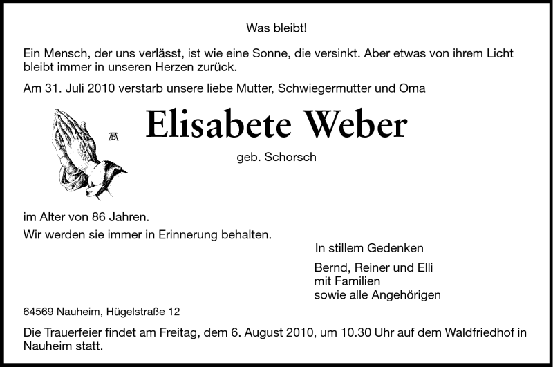  Traueranzeige für Elisabete Weber vom 03.08.2010 aus Rüsselsheimer Echo, Groß-Gerauer-Echo, Ried Echo