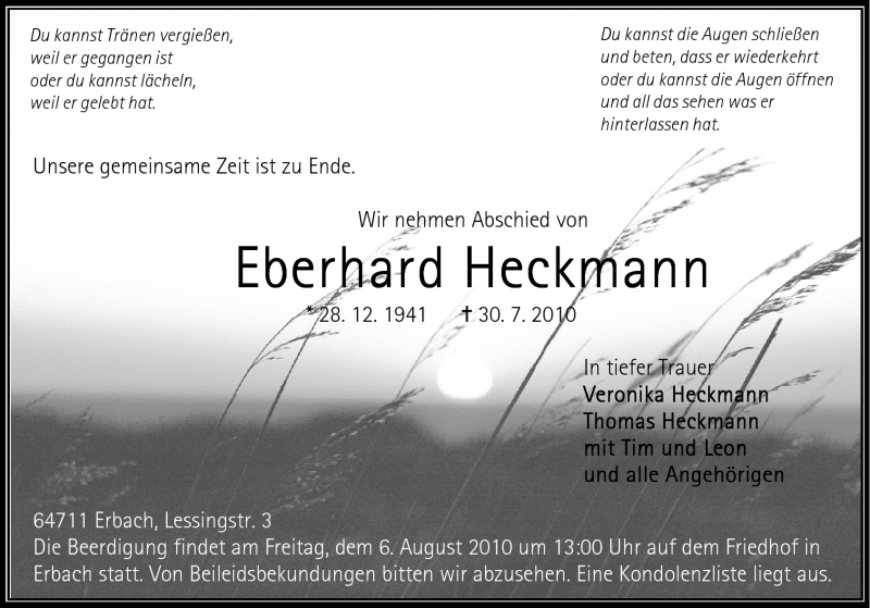  Traueranzeige für Eberhard Heckmann vom 03.08.2010 aus Odenwälder Echo