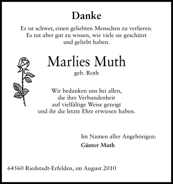 Traueranzeige von Marlies Muth von Rüsselsheimer Echo, Groß-Gerauer-Echo, Ried Echo