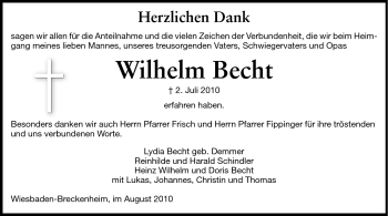Traueranzeige von Wilhelm Becht von Echo-Zeitungen (Gesamtausgabe)