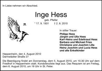 Traueranzeige von Inge Hess von Starkenburger Echo