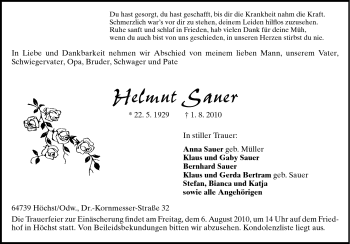 Traueranzeige von Helmut Sauer von Odenwälder Echo