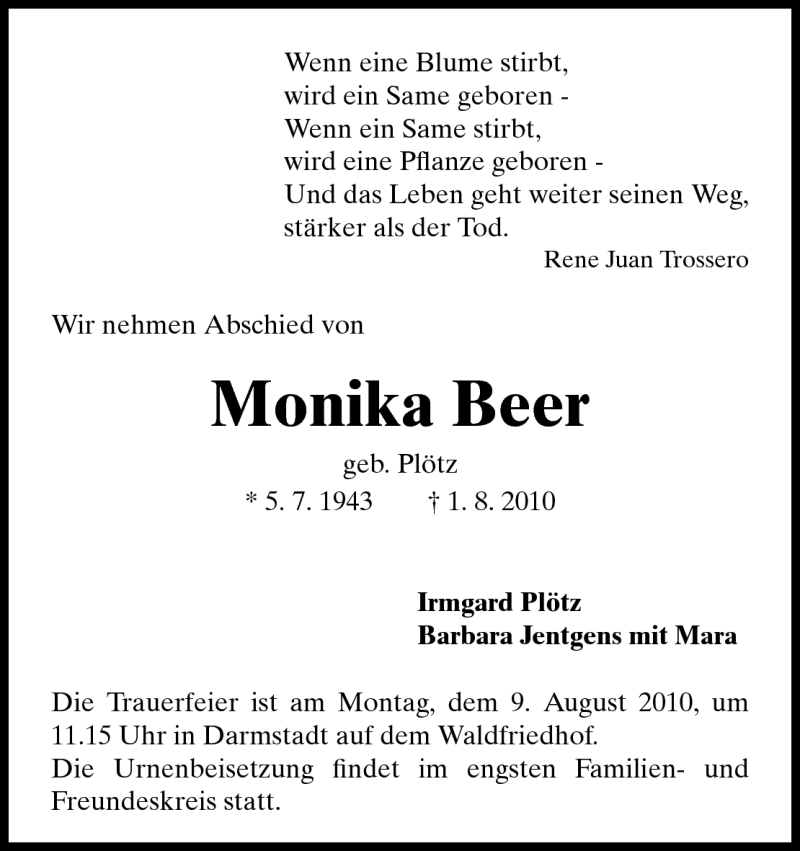  Traueranzeige für Monika Beer vom 04.08.2010 aus Echo-Zeitungen (Gesamtausgabe)