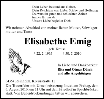 Traueranzeige von Elisabethe Emig von Darmstädter Echo, Odenwälder Echo, Rüsselsheimer Echo, Groß-Gerauer-Echo, Ried Echo