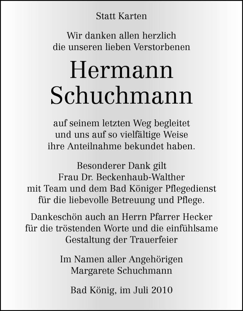  Traueranzeige für Hermann Schuchmann vom 07.08.2010 aus Odenwälder Echo