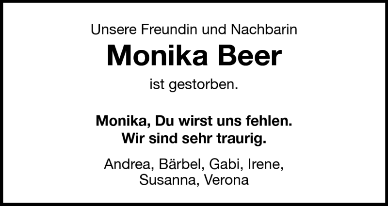  Traueranzeige für Monika Beer vom 04.08.2010 aus Darmstädter Echo, Odenwälder Echo, Rüsselsheimer Echo, Groß-Gerauer-Echo, Ried Echo