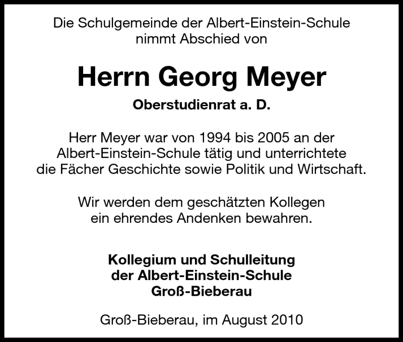  Traueranzeige für Georg Meyer vom 04.08.2010 aus Echo-Zeitungen (Gesamtausgabe)