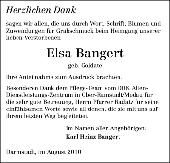 Traueranzeige von Elsa Bangert von Darmstädter Echo, Odenwälder Echo, Rüsselsheimer Echo, Groß-Gerauer-Echo, Ried Echo