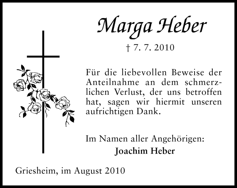  Traueranzeige für Marga Heber vom 07.08.2010 aus Darmstädter Echo, Odenwälder Echo, Rüsselsheimer Echo, Groß-Gerauer-Echo, Ried Echo