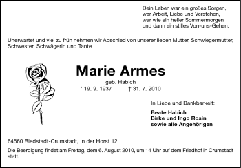 Traueranzeige von Marie Armes von Echo-Zeitungen (Gesamtausgabe)