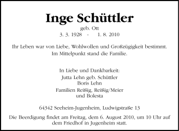 Traueranzeige von Inge Schüttler von Echo-Zeitungen (Gesamtausgabe)