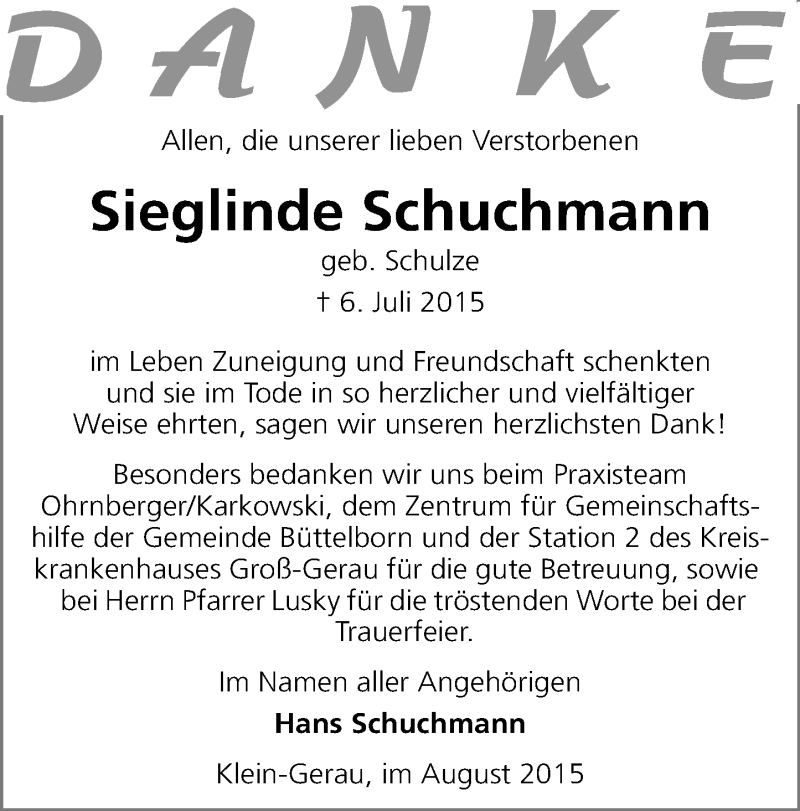  Traueranzeige für Sieglinde Schuchmann vom 01.08.2015 aus trauer.echo-online.de