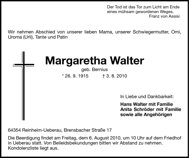  Traueranzeige für Margaretha Walter vom 05.08.2010 aus Echo-Zeitungen (Gesamtausgabe)