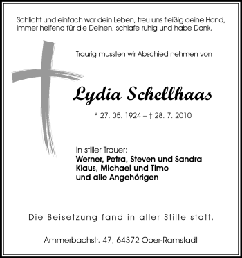 Traueranzeige von Lydia Schellhaas von Echo-Zeitungen (Gesamtausgabe)