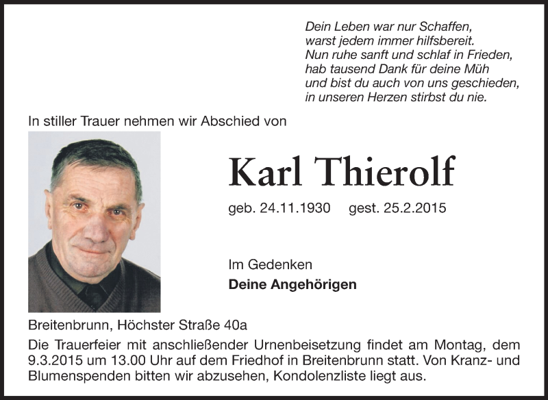  Traueranzeige für Karl Thierolf vom 06.03.2015 aus Odenwälder Echo