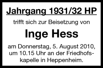 Traueranzeige von Inge Hess von Starkenburger Echo