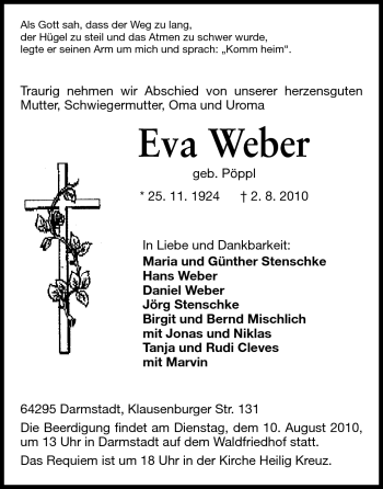 Traueranzeige von Eva Weber von Darmstädter Echo, Odenwälder Echo, Rüsselsheimer Echo, Groß-Gerauer-Echo, Ried Echo