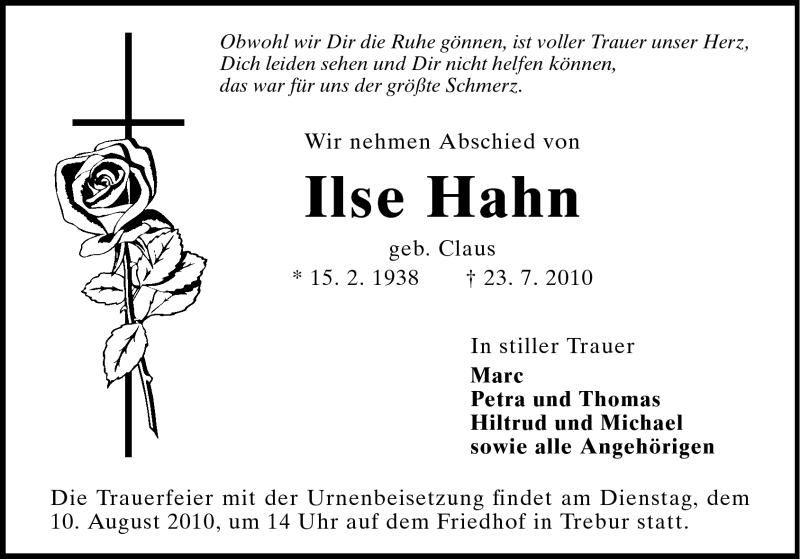  Traueranzeige für Ilse Hahn vom 06.08.2010 aus Rüsselsheimer Echo, Groß-Gerauer-Echo, Ried Echo