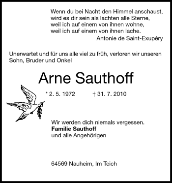 Traueranzeige von Arne Sauthoff von Rüsselsheimer Echo, Groß-Gerauer-Echo, Ried Echo